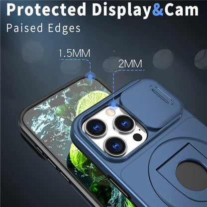 For iPhone 16 Pro Max Magnetic Case Kickstand Slide Lens Cover TPU+PC Phone Shell