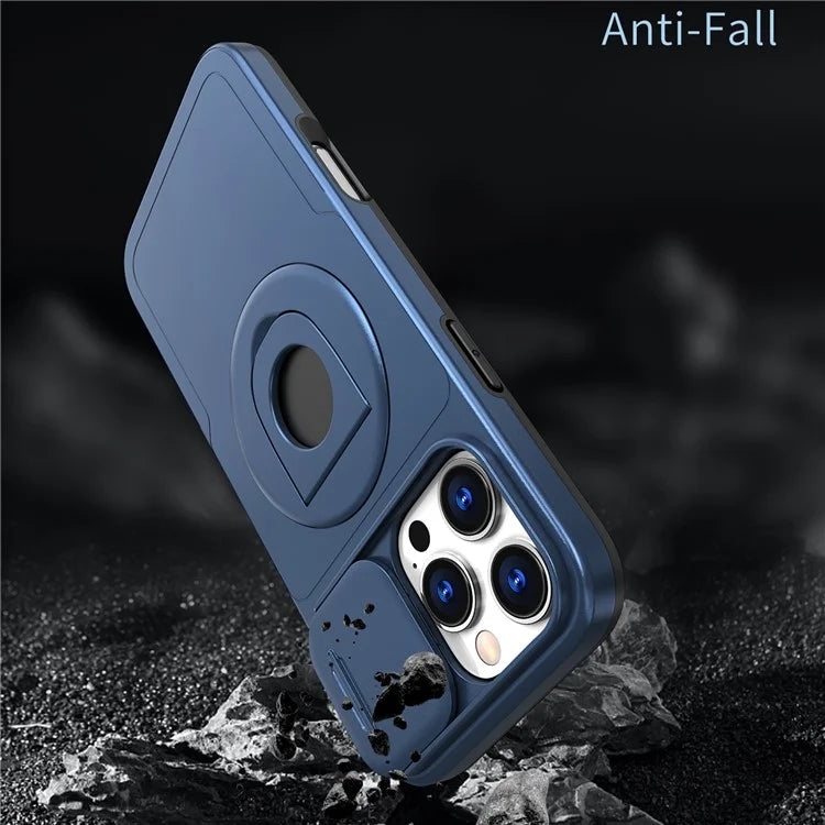 For iPhone 16 Pro Max Magnetic Case Kickstand Slide Lens Cover TPU+PC Phone Shell