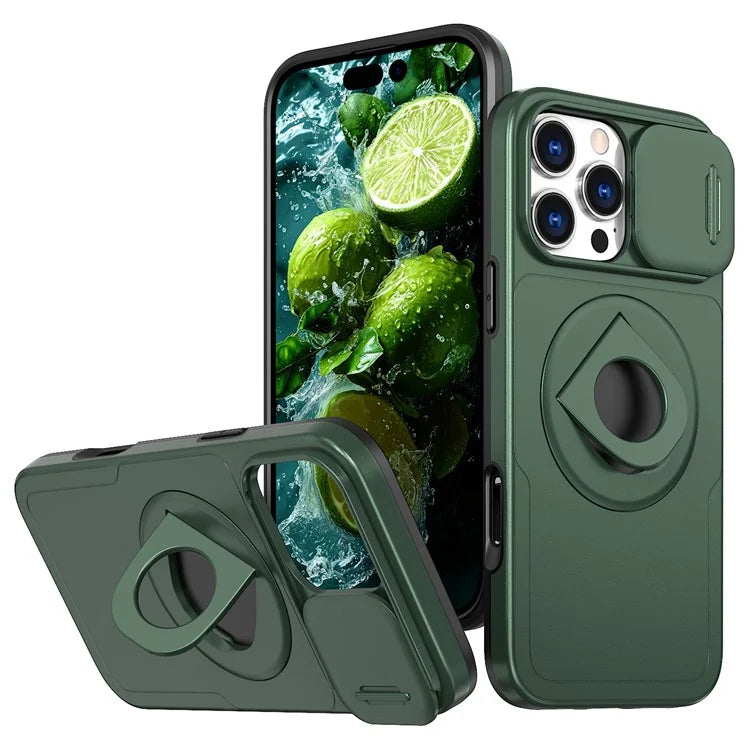 For iPhone 16 Pro Max Magnetic Case Kickstand Slide Lens Cover TPU+PC Phone Shell