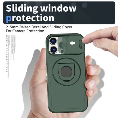 For iPhone 16 Pro Max Magnetic Case Kickstand Slide Lens Cover TPU+PC Phone Shell
