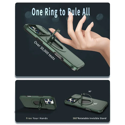 For iPhone 16 Pro Max Magnetic Case Kickstand Slide Lens Cover TPU+PC Phone Shell