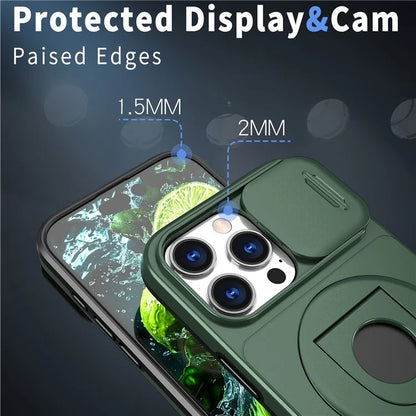 For iPhone 16 Pro Max Magnetic Case Kickstand Slide Lens Cover TPU+PC Phone Shell