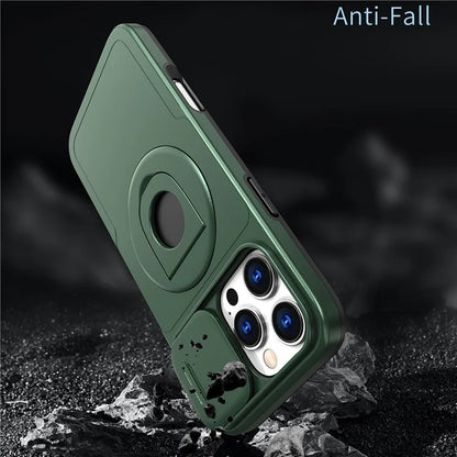 For iPhone 16 Pro Max Magnetic Case Kickstand Slide Lens Cover TPU+PC Phone Shell