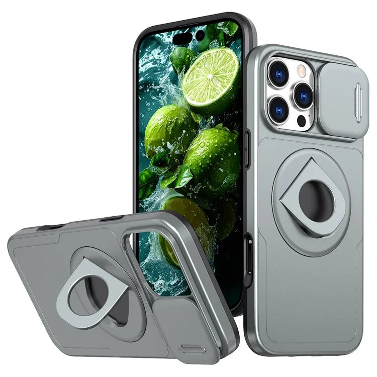 For iPhone 16 Pro Max Magnetic Case Kickstand Slide Lens Cover TPU+PC Phone Shell
