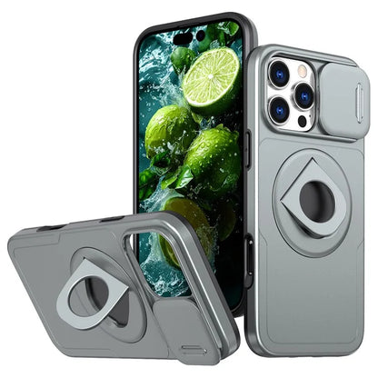For iPhone 16 Pro Max Magnetic Case Kickstand Slide Lens Cover TPU+PC Phone Shell
