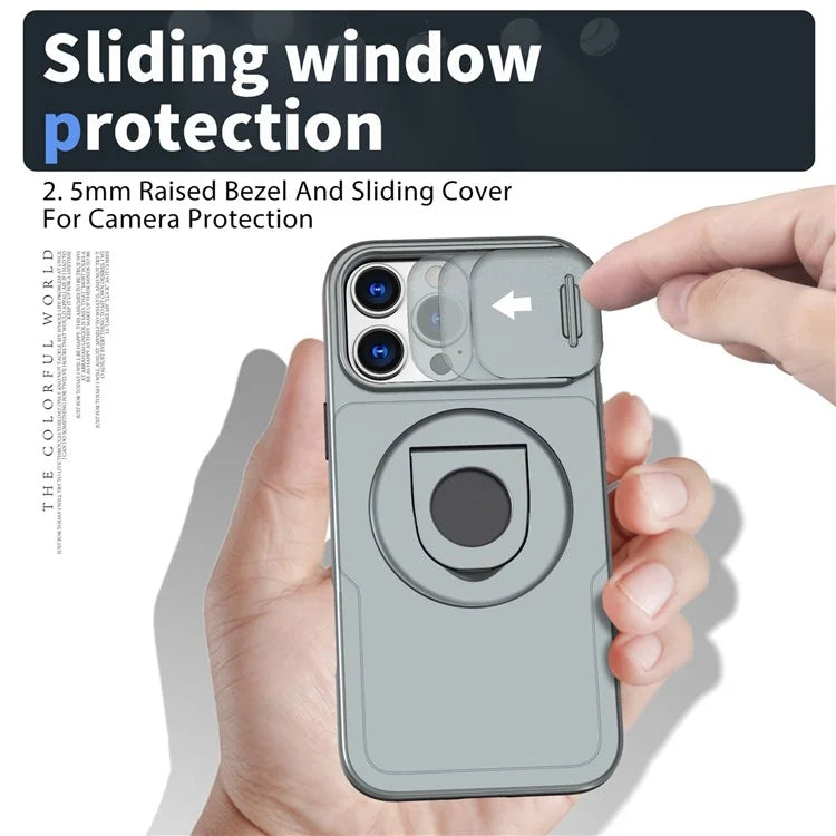 For iPhone 16 Pro Max Magnetic Case Kickstand Slide Lens Cover TPU+PC Phone Shell