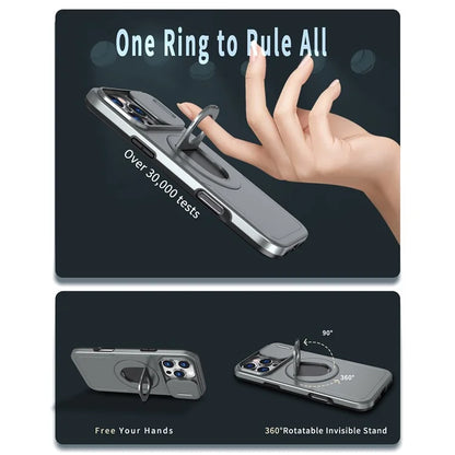 For iPhone 16 Pro Max Magnetic Case Kickstand Slide Lens Cover TPU+PC Phone Shell