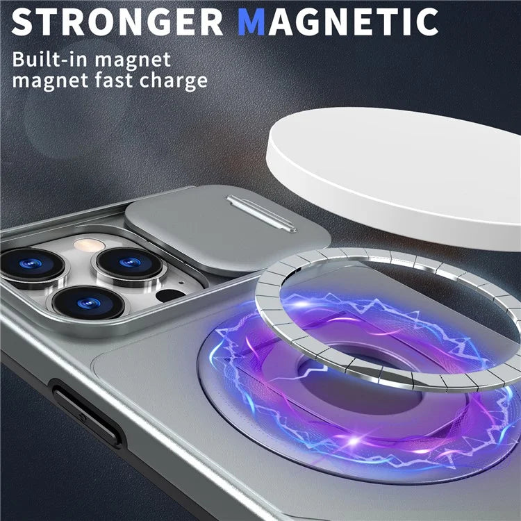 For iPhone 16 Pro Max Magnetic Case Kickstand Slide Lens Cover TPU+PC Phone Shell
