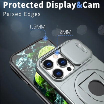 For iPhone 16 Pro Max Magnetic Case Kickstand Slide Lens Cover TPU+PC Phone Shell
