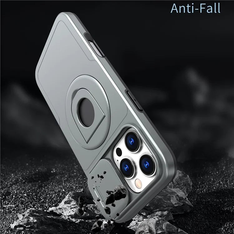 For iPhone 16 Pro Max Magnetic Case Kickstand Slide Lens Cover TPU+PC Phone Shell