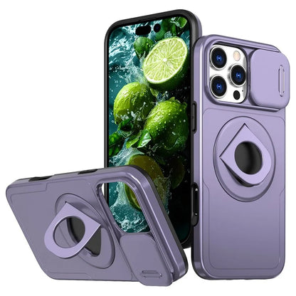 For iPhone 16 Pro Max Magnetic Case Kickstand Slide Lens Cover TPU+PC Phone Shell