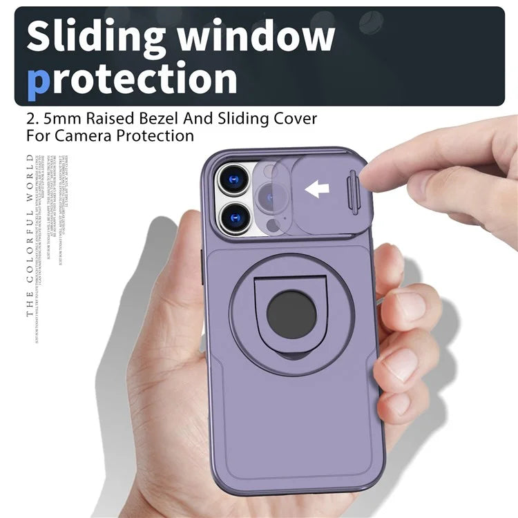 For iPhone 16 Pro Max Magnetic Case Kickstand Slide Lens Cover TPU+PC Phone Shell