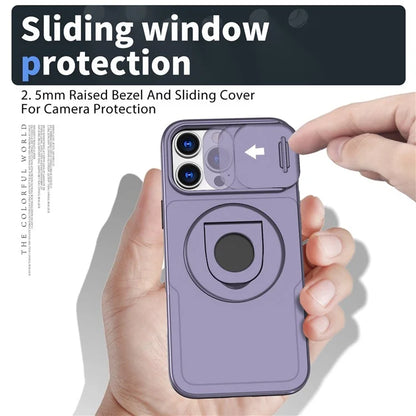 For iPhone 16 Pro Max Magnetic Case Kickstand Slide Lens Cover TPU+PC Phone Shell
