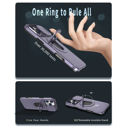 For iPhone 16 Pro Max Magnetic Case Kickstand Slide Lens Cover TPU+PC Phone Shell
