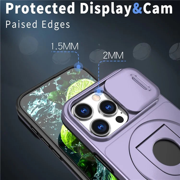 For iPhone 16 Pro Max Magnetic Case Kickstand Slide Lens Cover TPU+PC Phone Shell