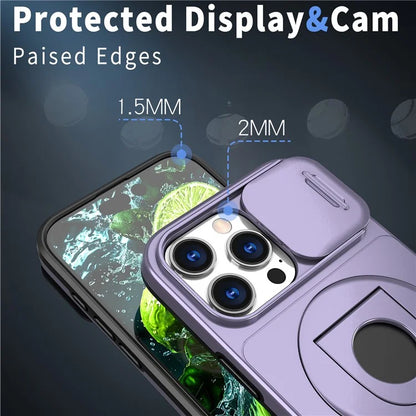 For iPhone 16 Pro Max Magnetic Case Kickstand Slide Lens Cover TPU+PC Phone Shell