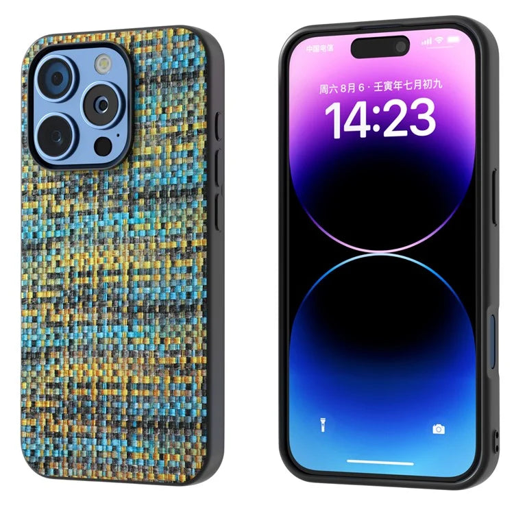 For iPhone 16 Pro Case Plaid Texture Leather+PC+TPU Anti-Scratch Phone Cover