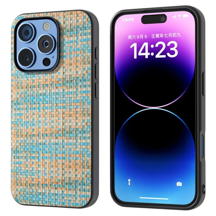 For iPhone 16 Pro Case Plaid Texture Leather+PC+TPU Anti-Scratch Phone Cover