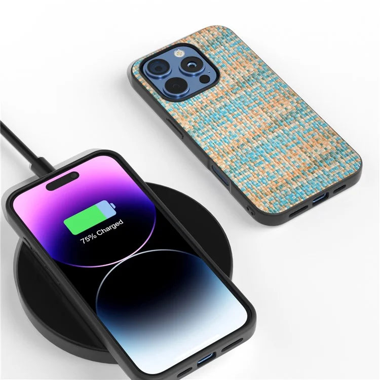For iPhone 16 Pro Case Plaid Texture Leather+PC+TPU Anti-Scratch Phone Cover