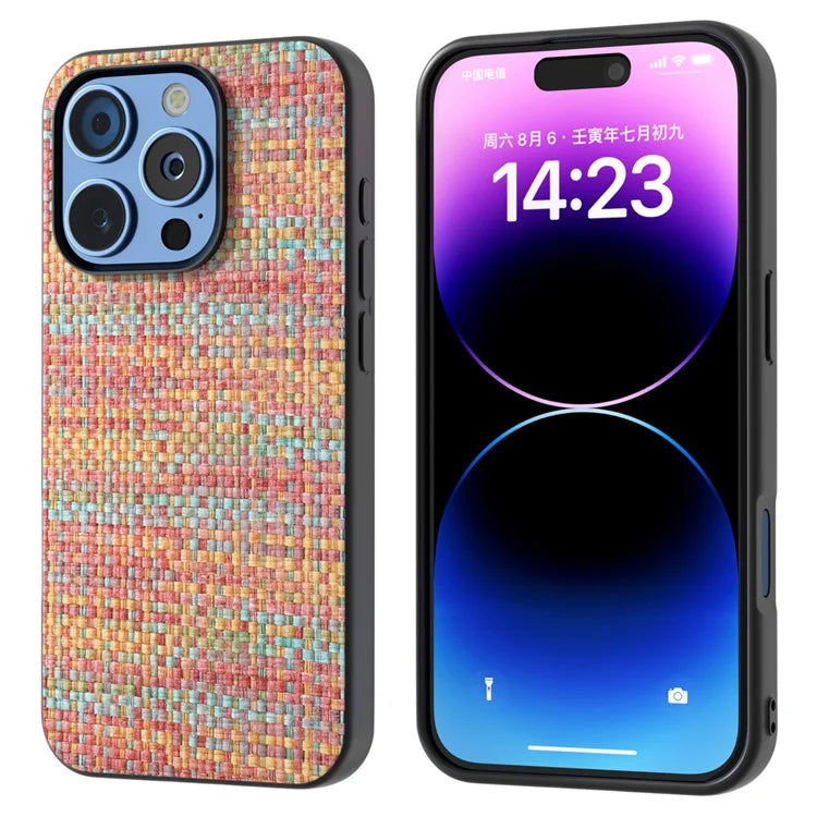 For iPhone 16 Pro Case Plaid Texture Leather+PC+TPU Anti-Scratch Phone Cover