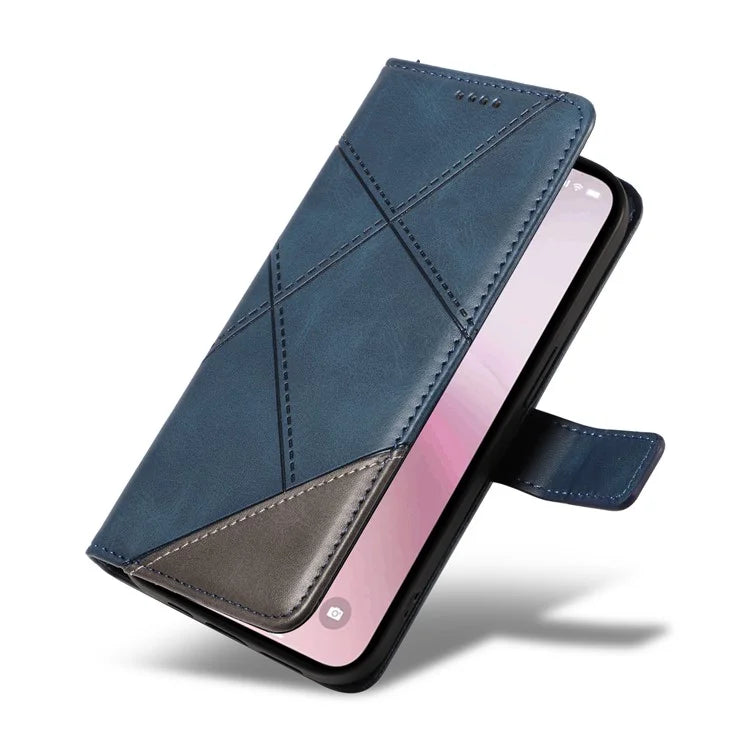 For iPhone SE (2024) Case Leather Card Holder Phone Cover Geometric Line