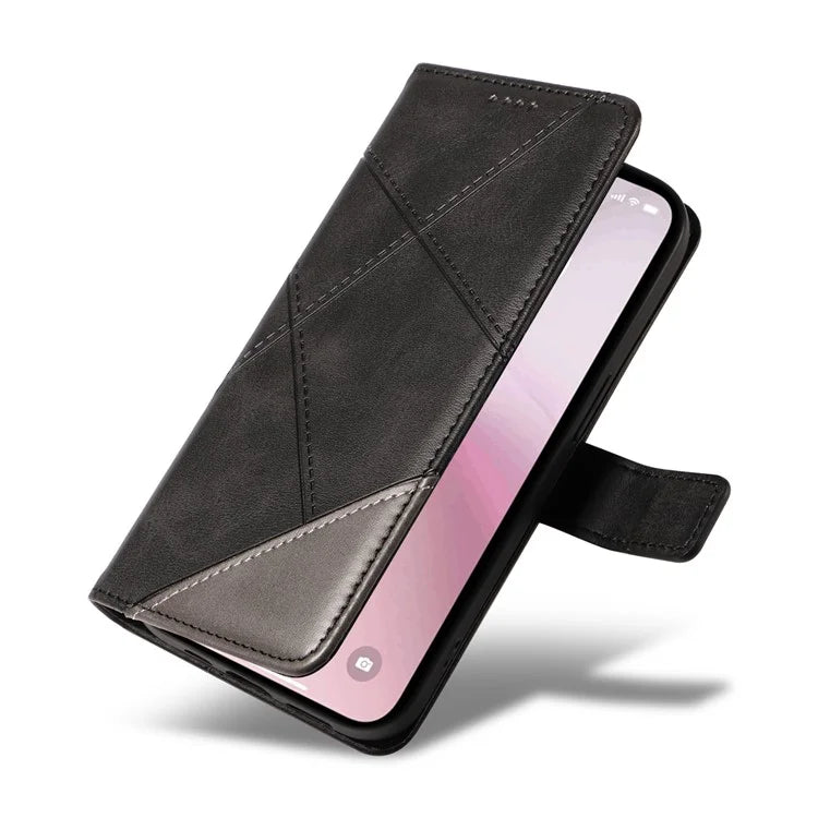 For iPhone SE (2024) Case Leather Card Holder Phone Cover Geometric Line