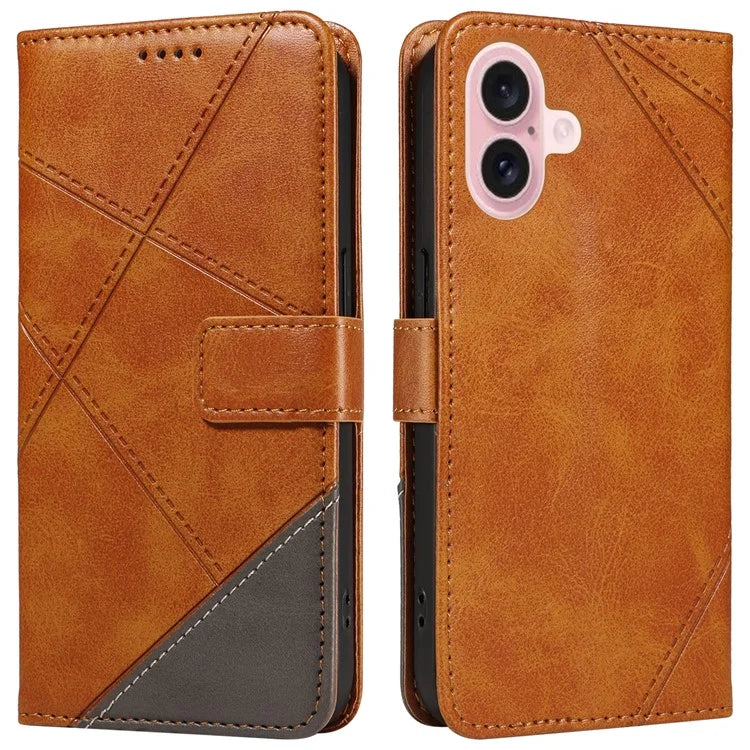 For iPhone 16 Case PU Leather Protective Geometric Line Phone Cover Wrist Strap