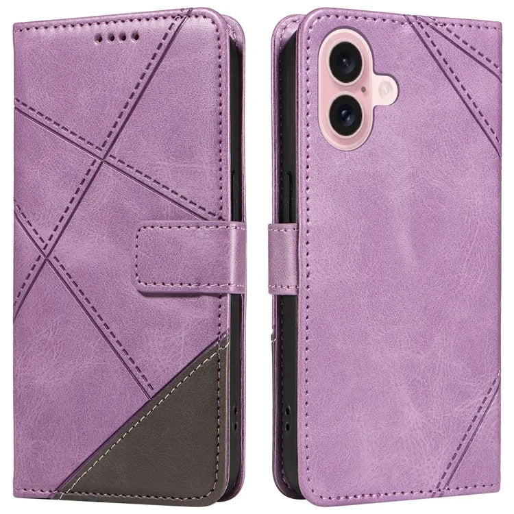 For iPhone 16 Case PU Leather Protective Geometric Line Phone Cover Wrist Strap