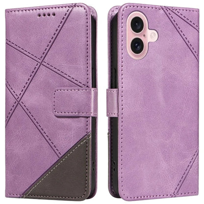For iPhone 16 Case PU Leather Protective Geometric Line Phone Cover Wrist Strap