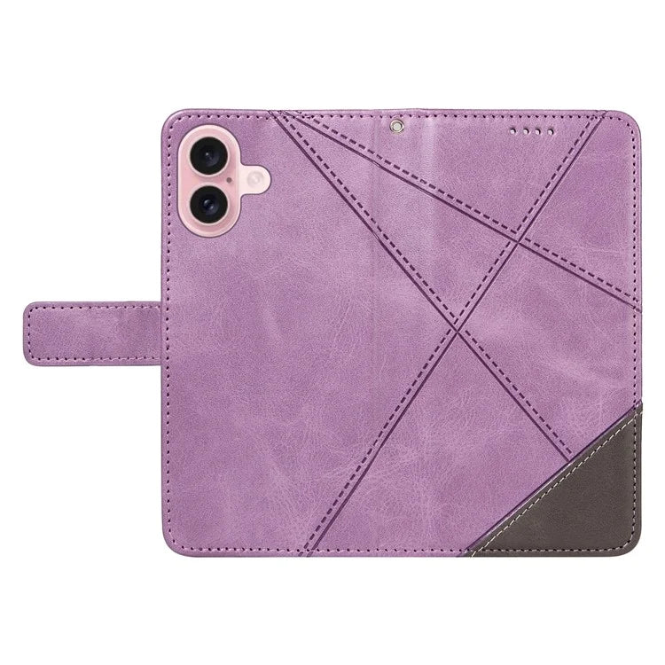 For iPhone 16 Case PU Leather Protective Geometric Line Phone Cover Wrist Strap