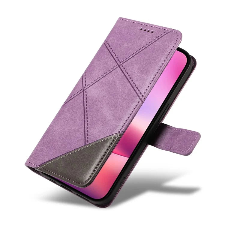 For iPhone 16 Case PU Leather Protective Geometric Line Phone Cover Wrist Strap