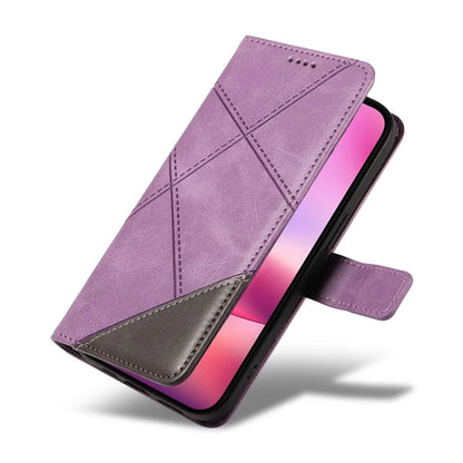 For iPhone 16 Case PU Leather Protective Geometric Line Phone Cover Wrist Strap