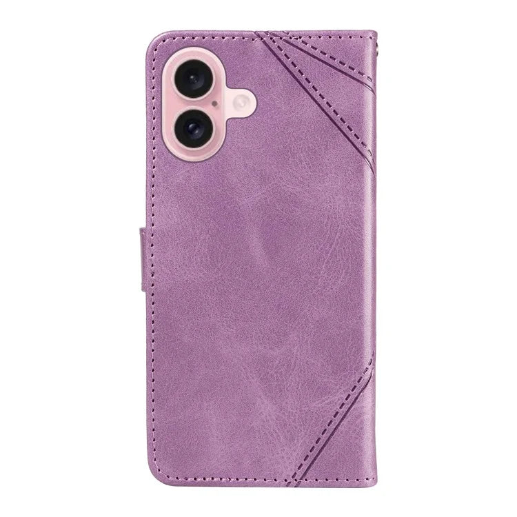 For iPhone 16 Case PU Leather Protective Geometric Line Phone Cover Wrist Strap