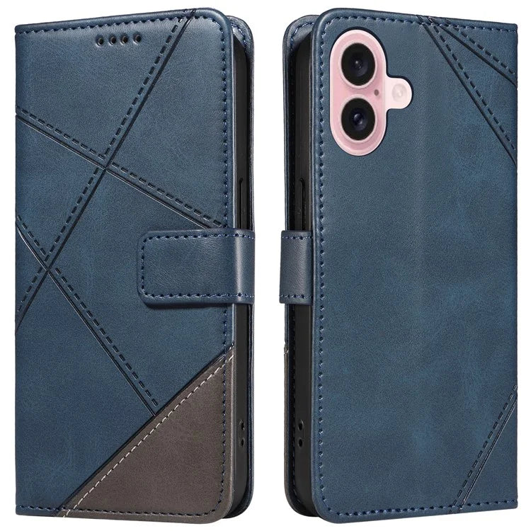 For iPhone 16 Case PU Leather Protective Geometric Line Phone Cover Wrist Strap