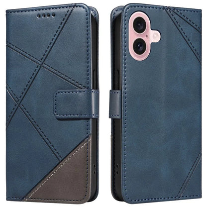 For iPhone 16 Case PU Leather Protective Geometric Line Phone Cover Wrist Strap