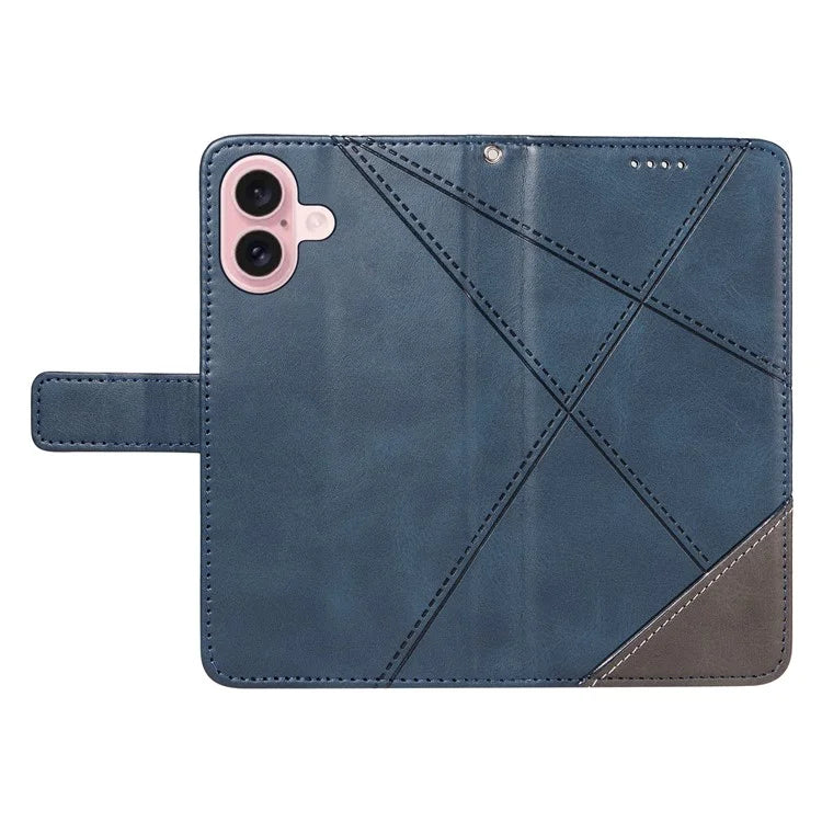 For iPhone 16 Case PU Leather Protective Geometric Line Phone Cover Wrist Strap