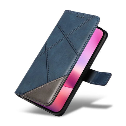For iPhone 16 Case PU Leather Protective Geometric Line Phone Cover Wrist Strap
