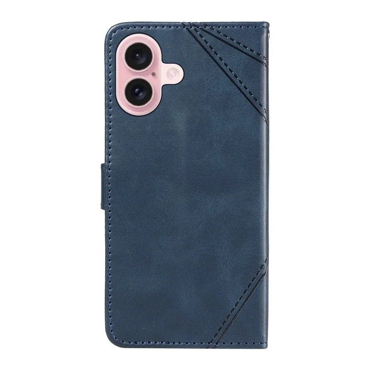 For iPhone 16 Case PU Leather Protective Geometric Line Phone Cover Wrist Strap