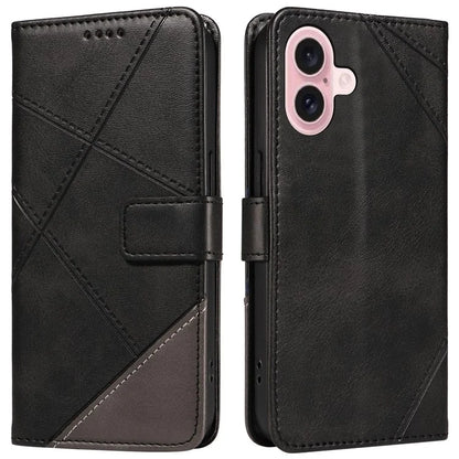 For iPhone 16 Case PU Leather Protective Geometric Line Phone Cover Wrist Strap