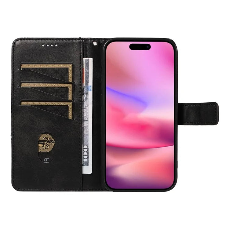 For iPhone 16 Case PU Leather Protective Geometric Line Phone Cover Wrist Strap