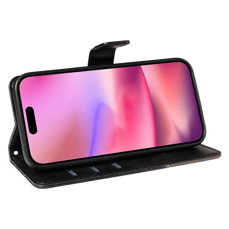 For iPhone 16 Case PU Leather Protective Geometric Line Phone Cover Wrist Strap
