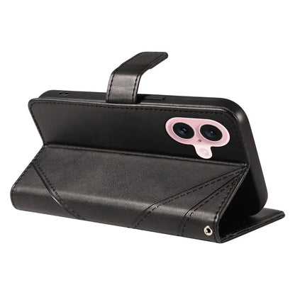 For iPhone 16 Case PU Leather Protective Geometric Line Phone Cover Wrist Strap