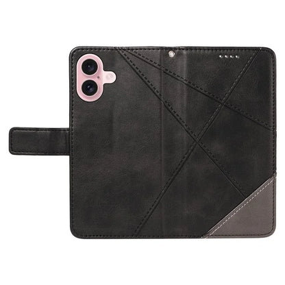 For iPhone 16 Case PU Leather Protective Geometric Line Phone Cover Wrist Strap
