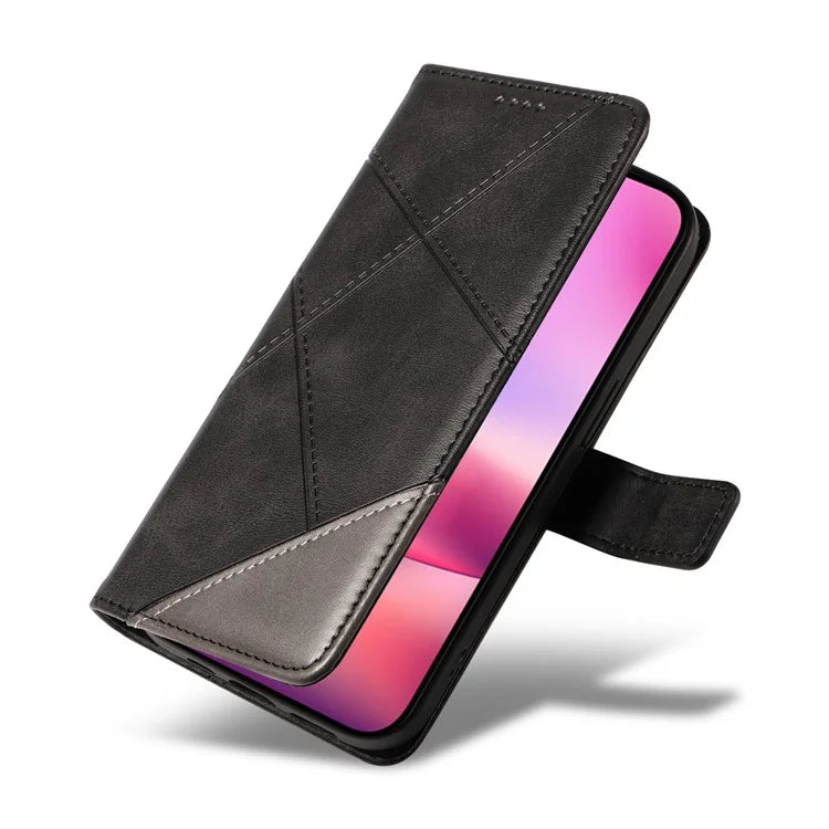 For iPhone 16 Case PU Leather Protective Geometric Line Phone Cover Wrist Strap