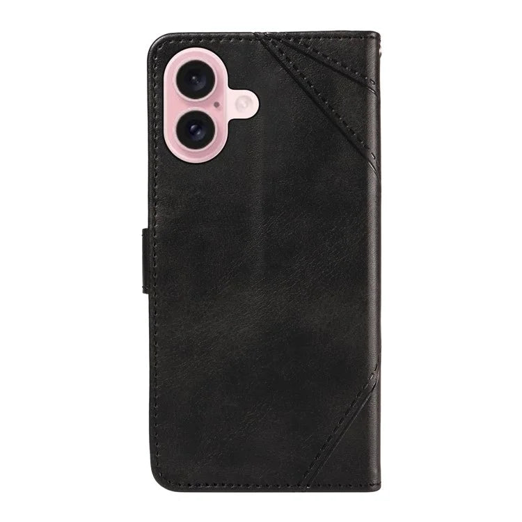 For iPhone 16 Case PU Leather Protective Geometric Line Phone Cover Wrist Strap