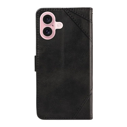 For iPhone 16 Case PU Leather Protective Geometric Line Phone Cover Wrist Strap