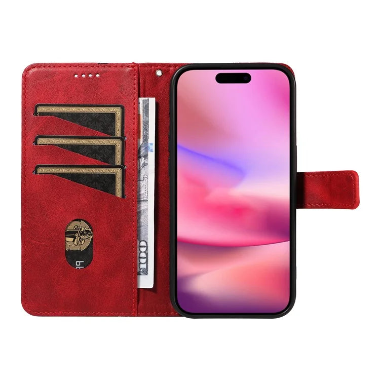 For iPhone 16 Case PU Leather Protective Geometric Line Phone Cover Wrist Strap