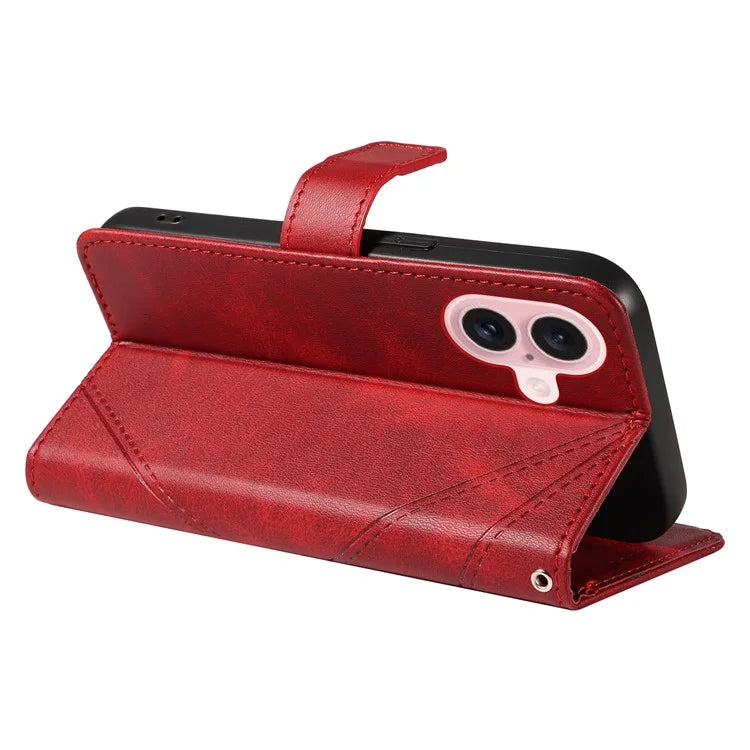 For iPhone 16 Case PU Leather Protective Geometric Line Phone Cover Wrist Strap