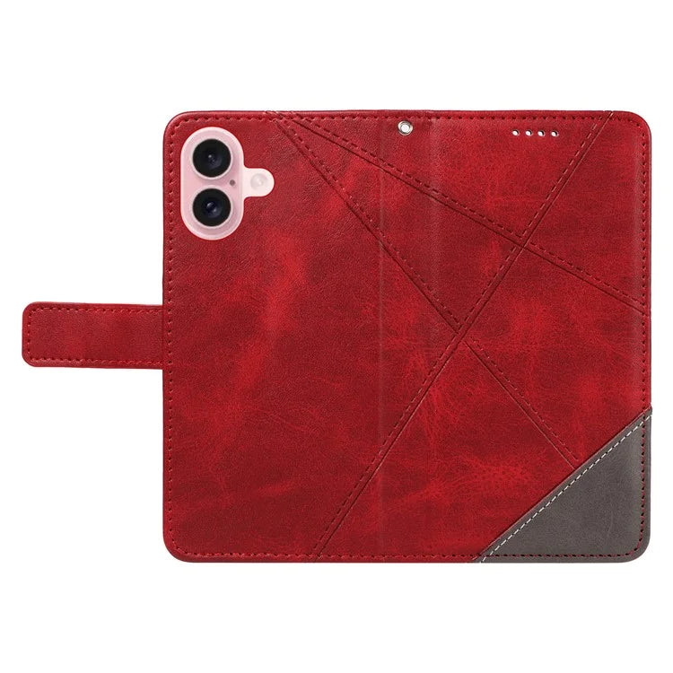 For iPhone 16 Case PU Leather Protective Geometric Line Phone Cover Wrist Strap