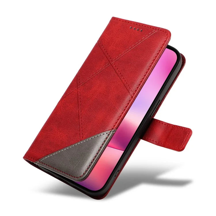 For iPhone 16 Case PU Leather Protective Geometric Line Phone Cover Wrist Strap